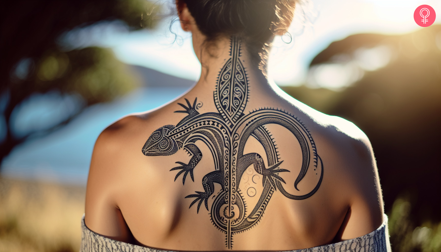 Lizard maori tattoo design on the upper back of a woman