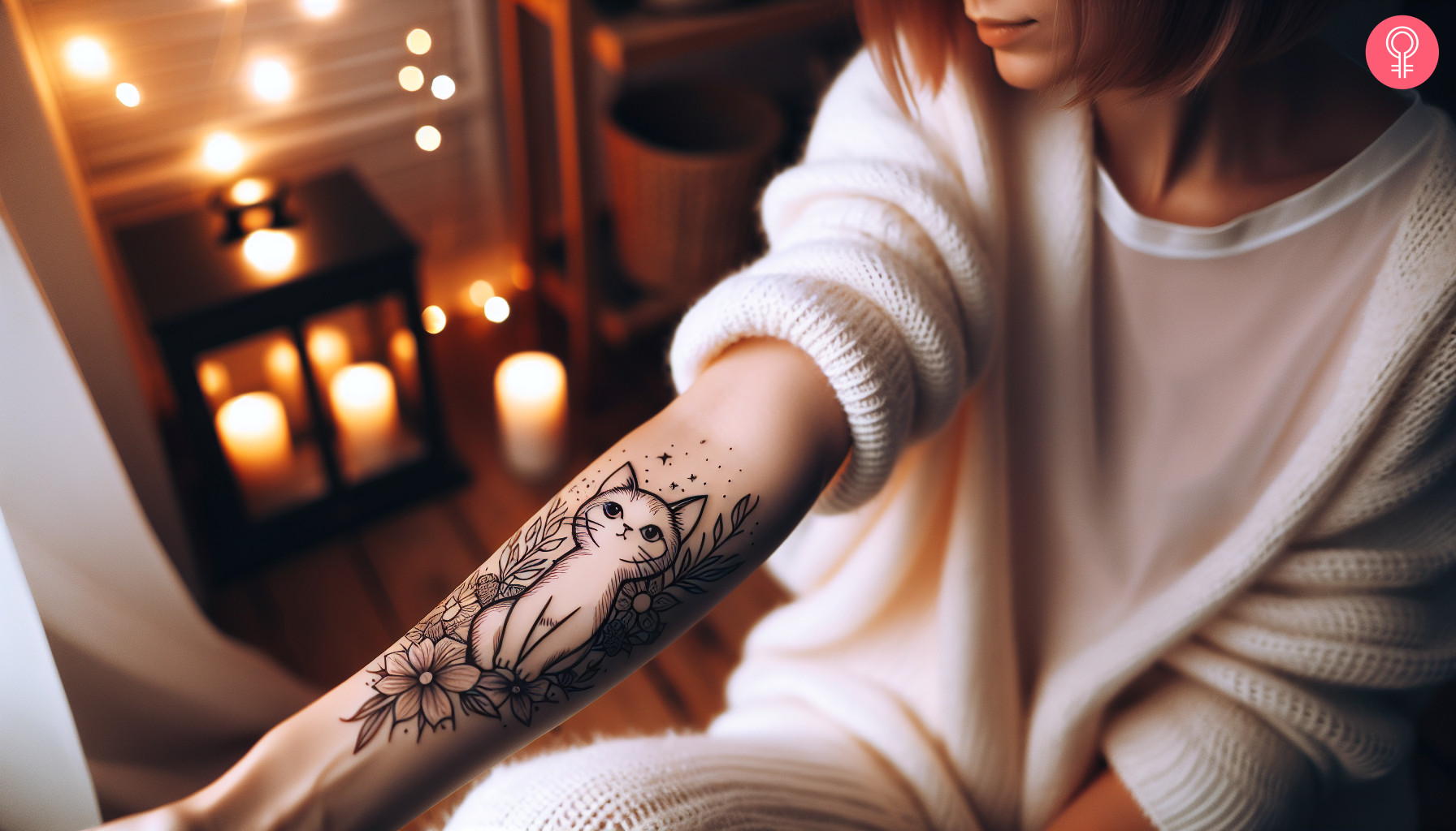 Low-key anime tattoo on a woman’s forearm
