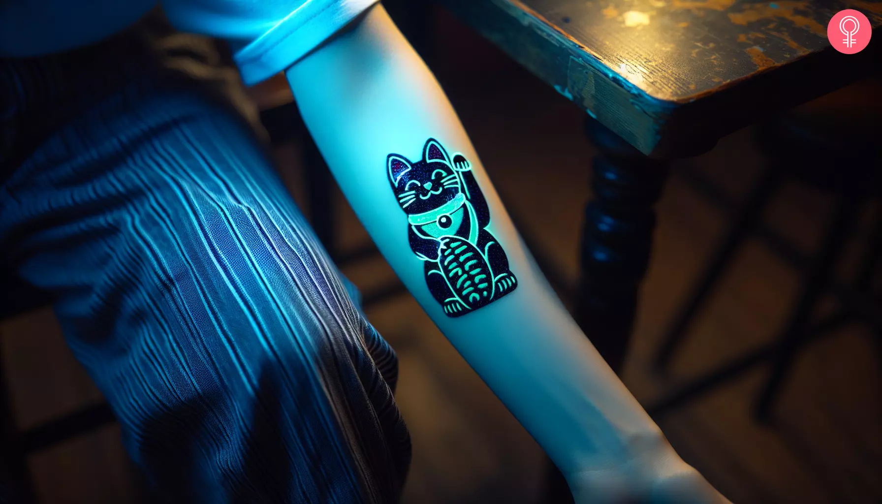  A lucky cat UV tattoo on the forearm of a woman