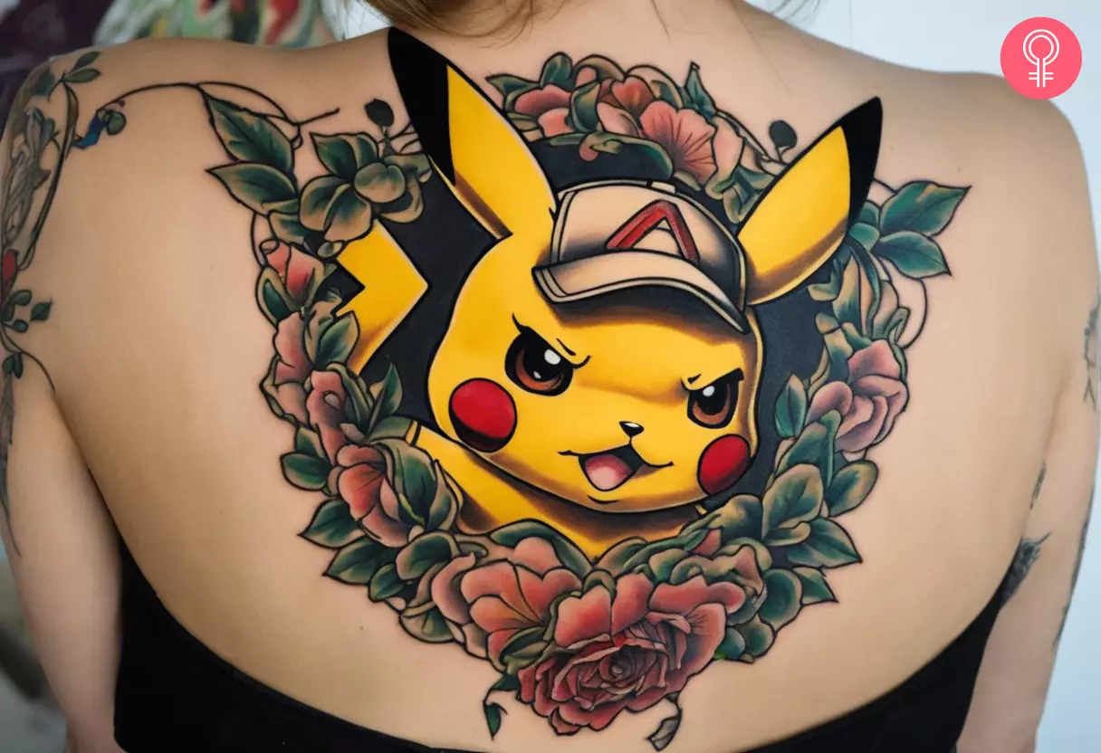 A woman with a mad Pikachu tattoo on her upper back