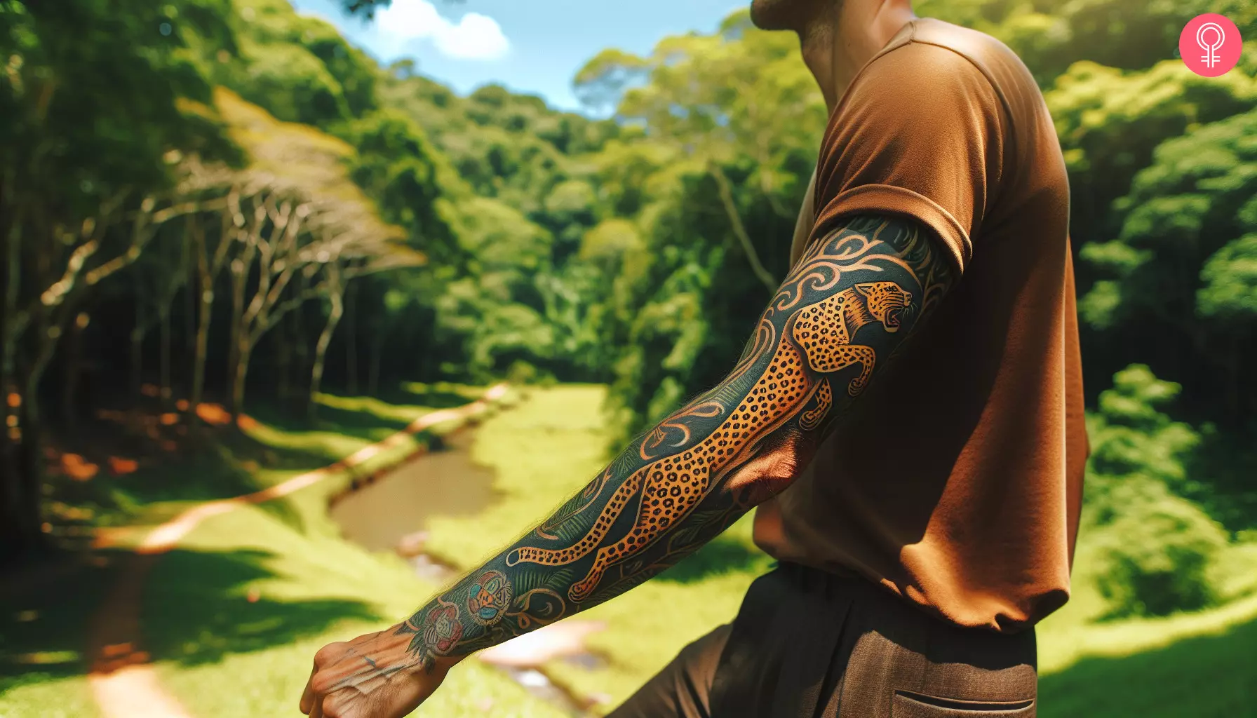 Man flaunting a traditional leopard full-sleeve tattoo