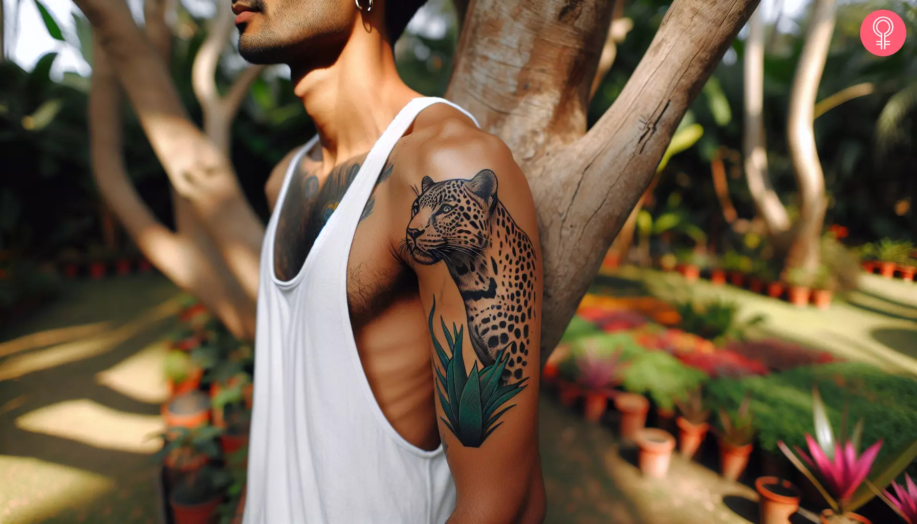 Man showing his minimalist leopard tattoo located on the upper arm