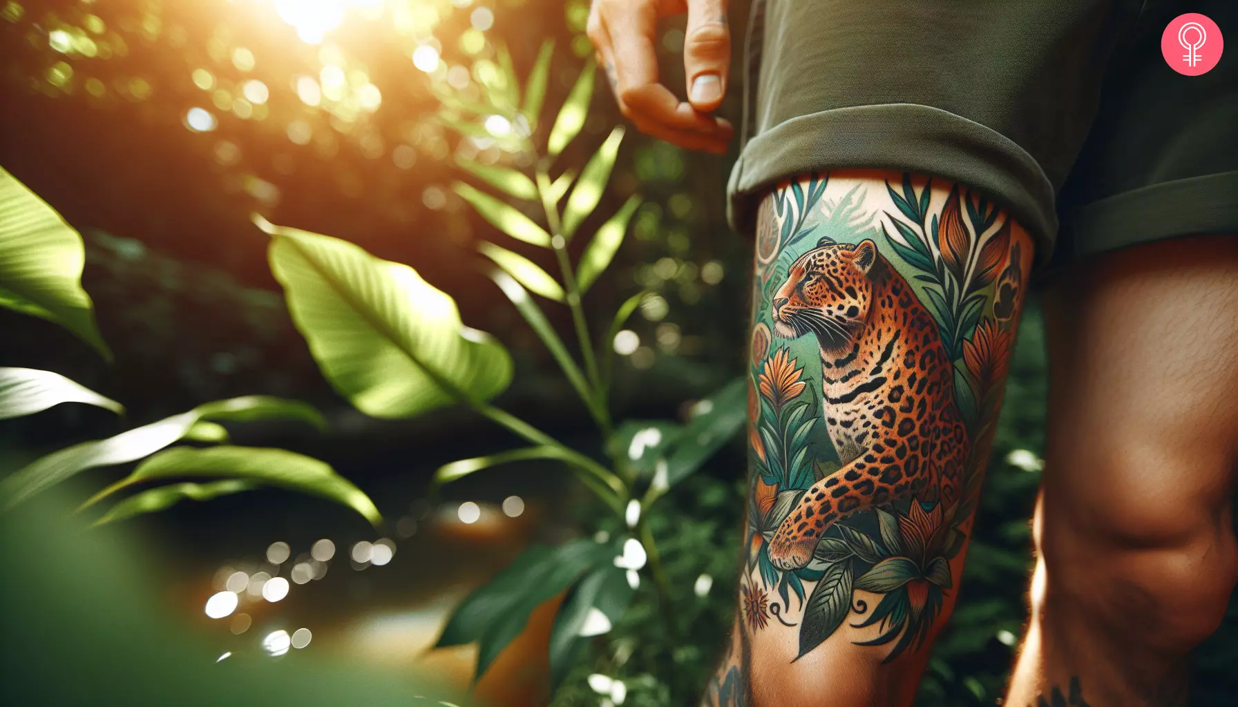 Man with a leopard thigh tattoo