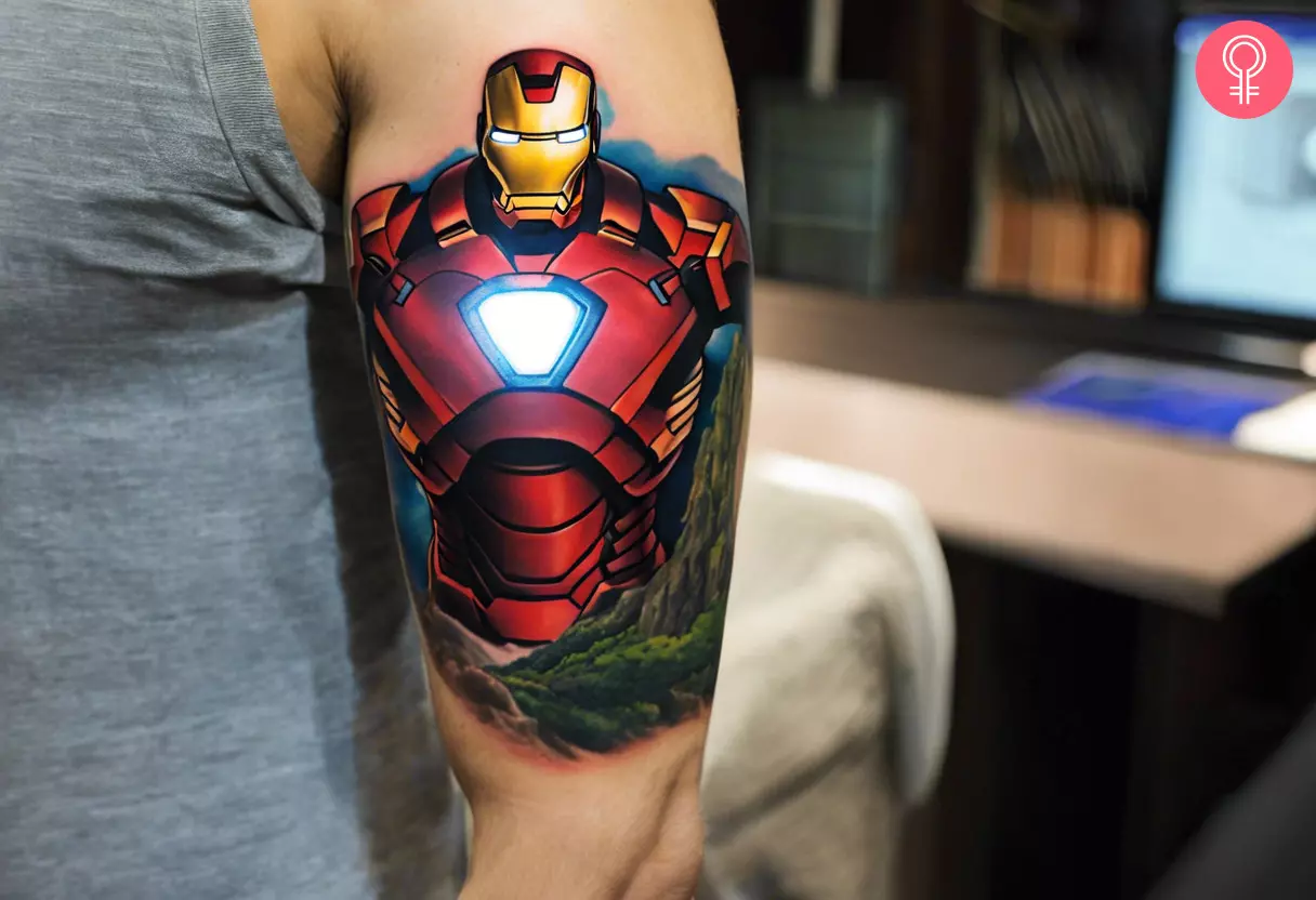 Man with an Iron Man bust tattoo on his arm