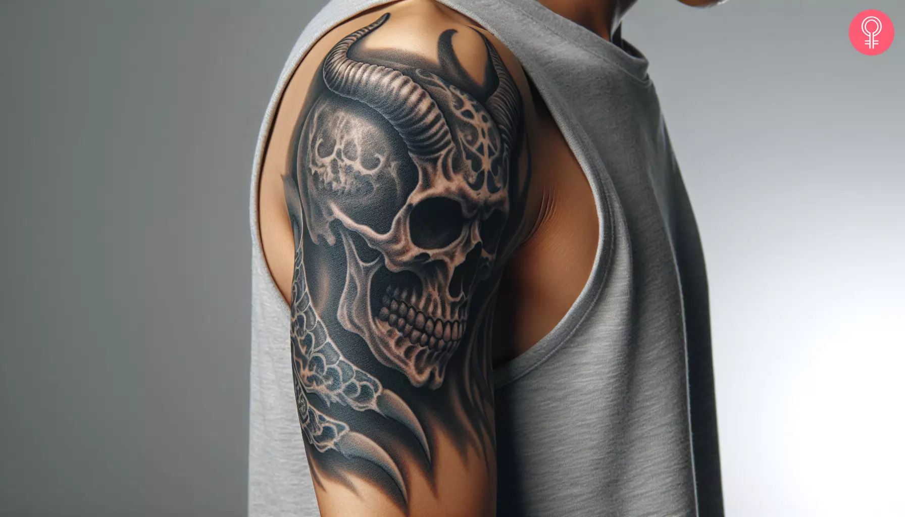 Man with realistic evil skull tattoo on his upper arm