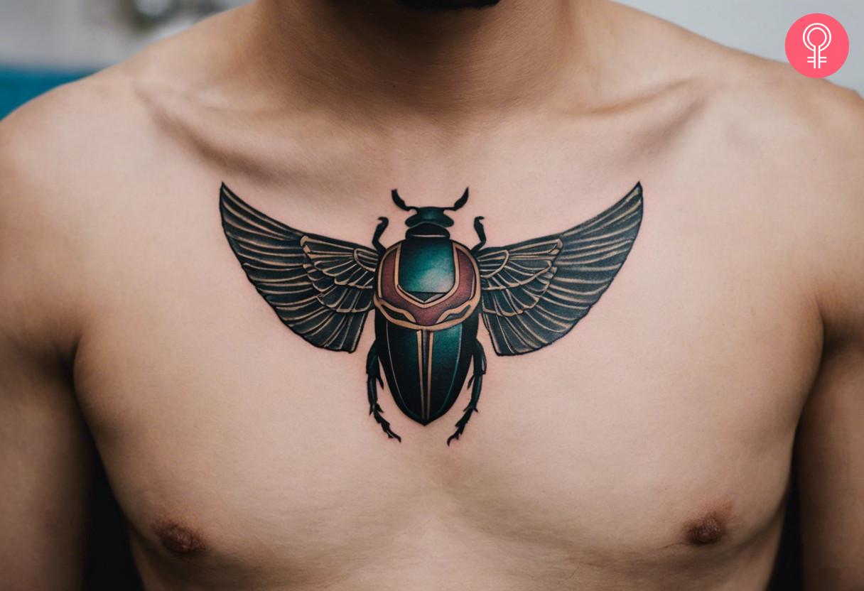 Man with scarab chest tattoo