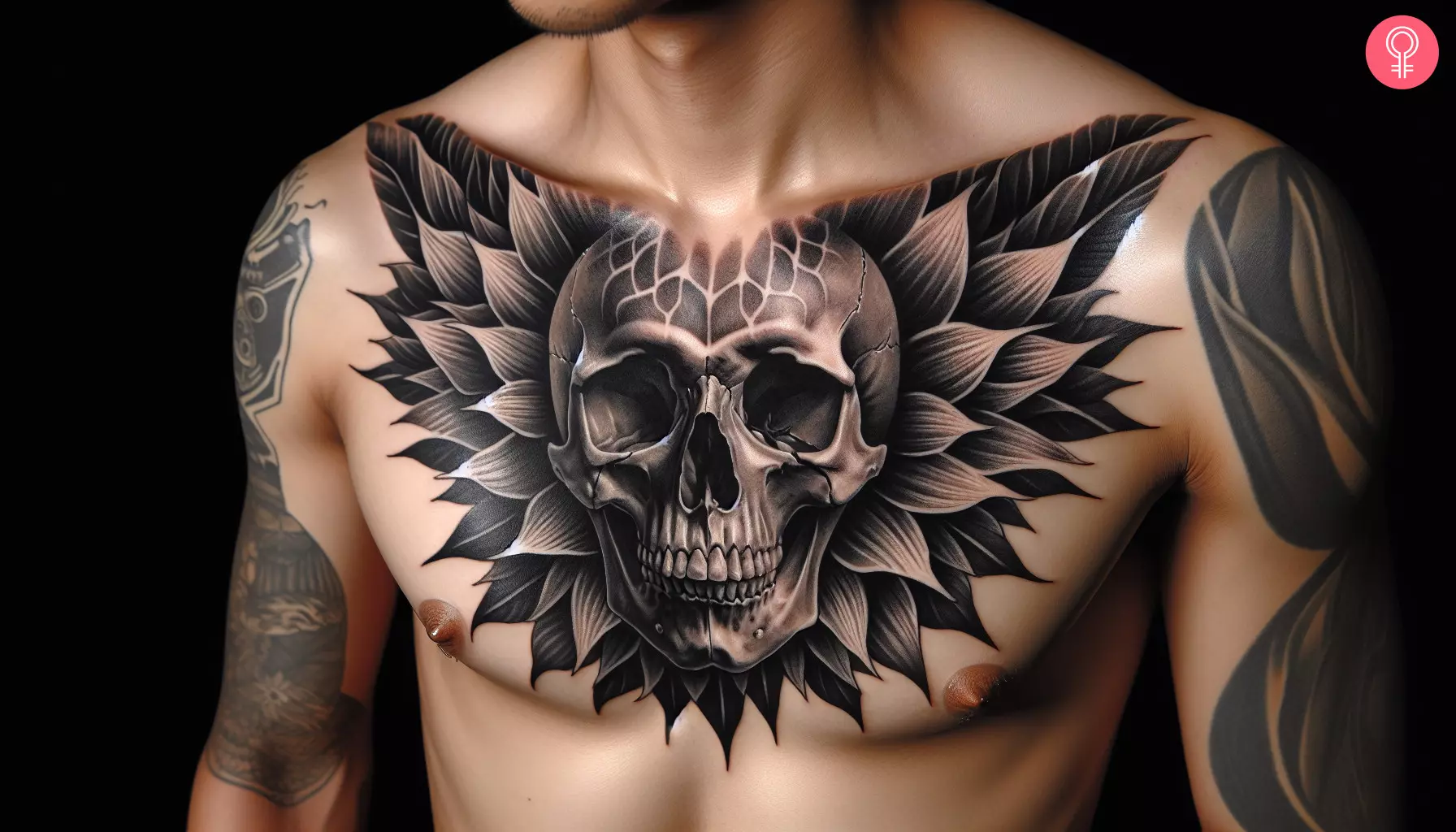 Man with skull tattoo on the chest
