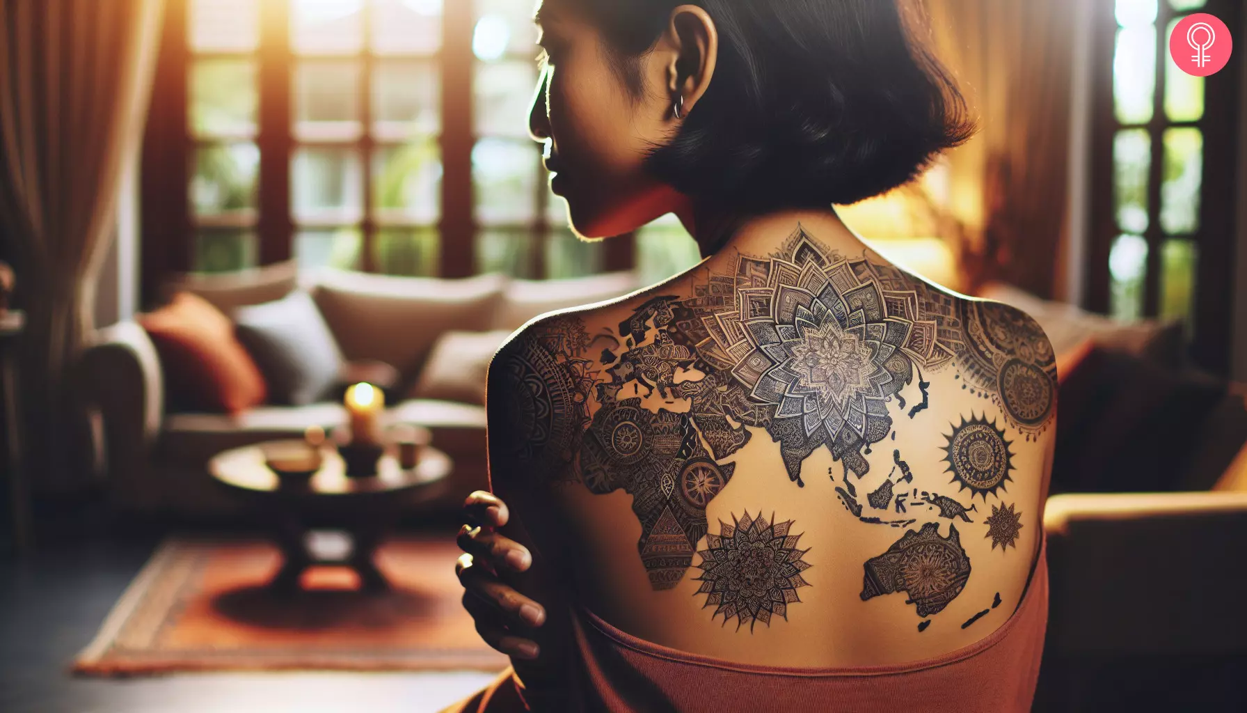 Mandala map tattoo on a woman’s back