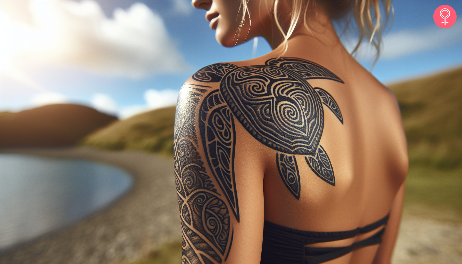 Maori back shoulder turtle tattoo on a woman