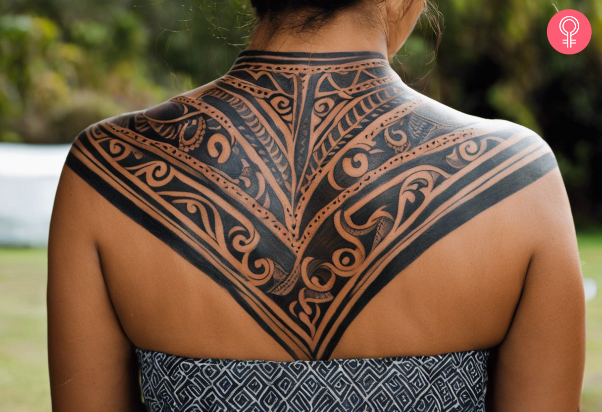 Maori back tattoo on a woman