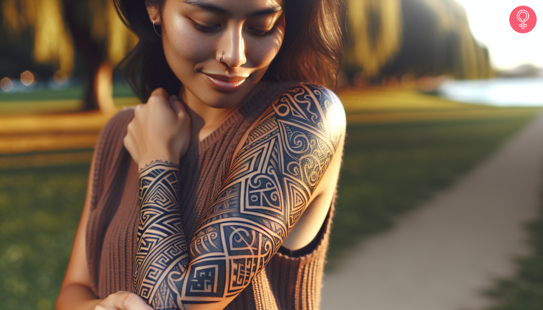 Maori celtic tattoo on the upper arm of a woman