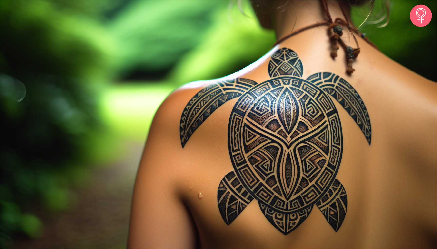 Maori geometric turtle tattoo on the upper back of a woman