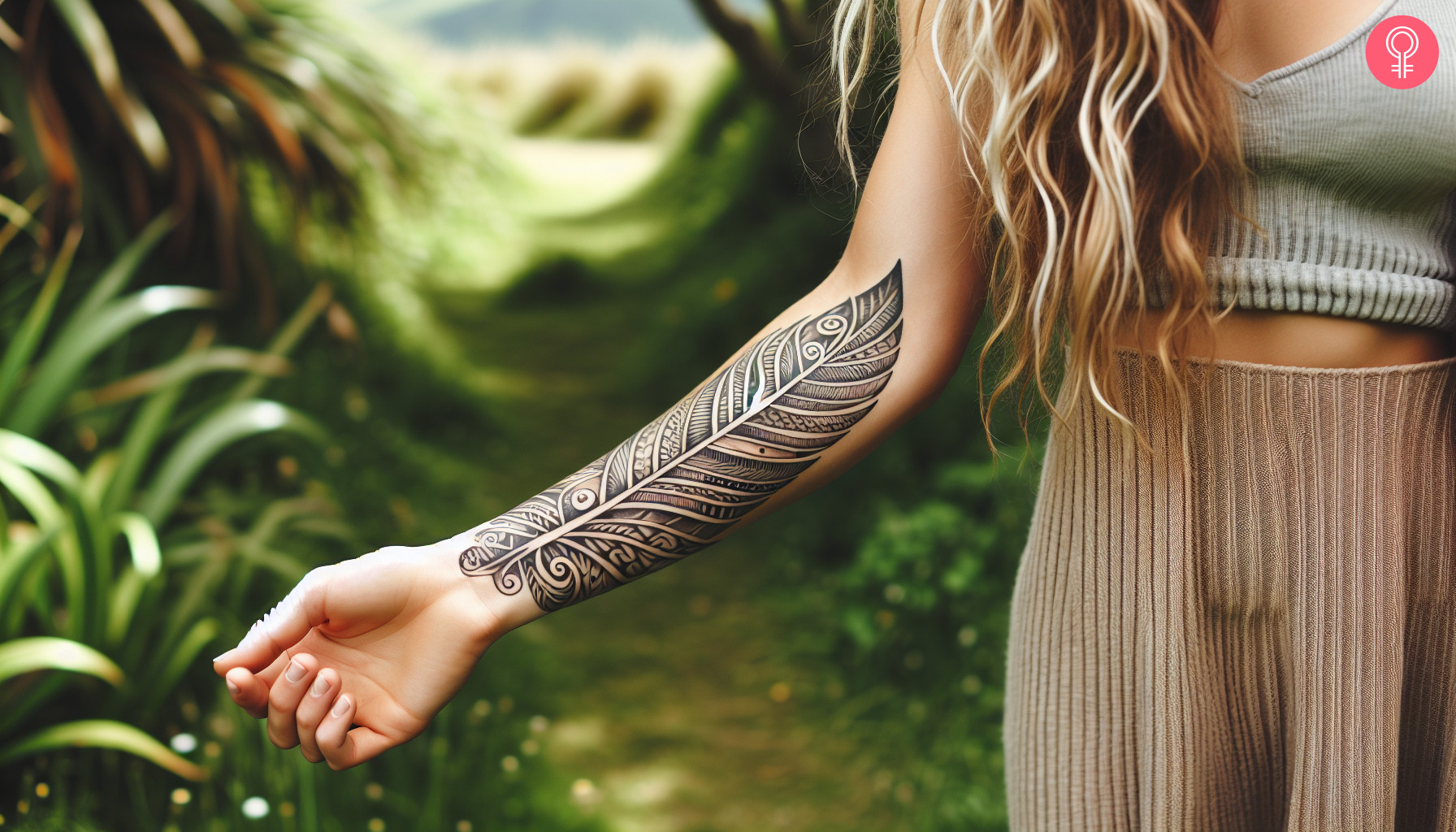 Maori leaf tattoo on the forearm of a woman