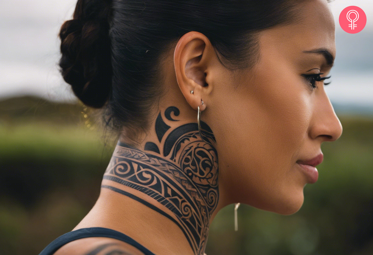 Maori neck tattoo on a woman