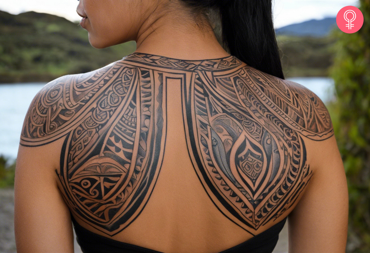 Maori petal tattoo on the upper back of a woman