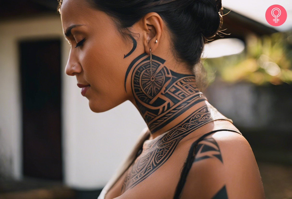 Maori spiral neck tattoo on woman