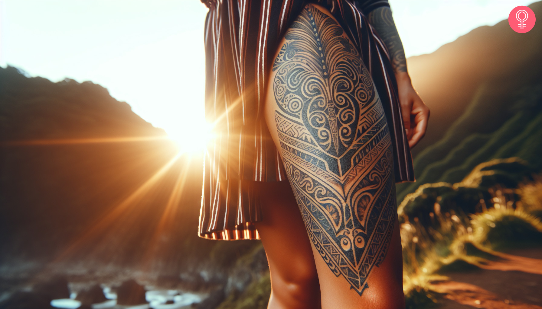 Maori tattoo design on the thigh of a girl