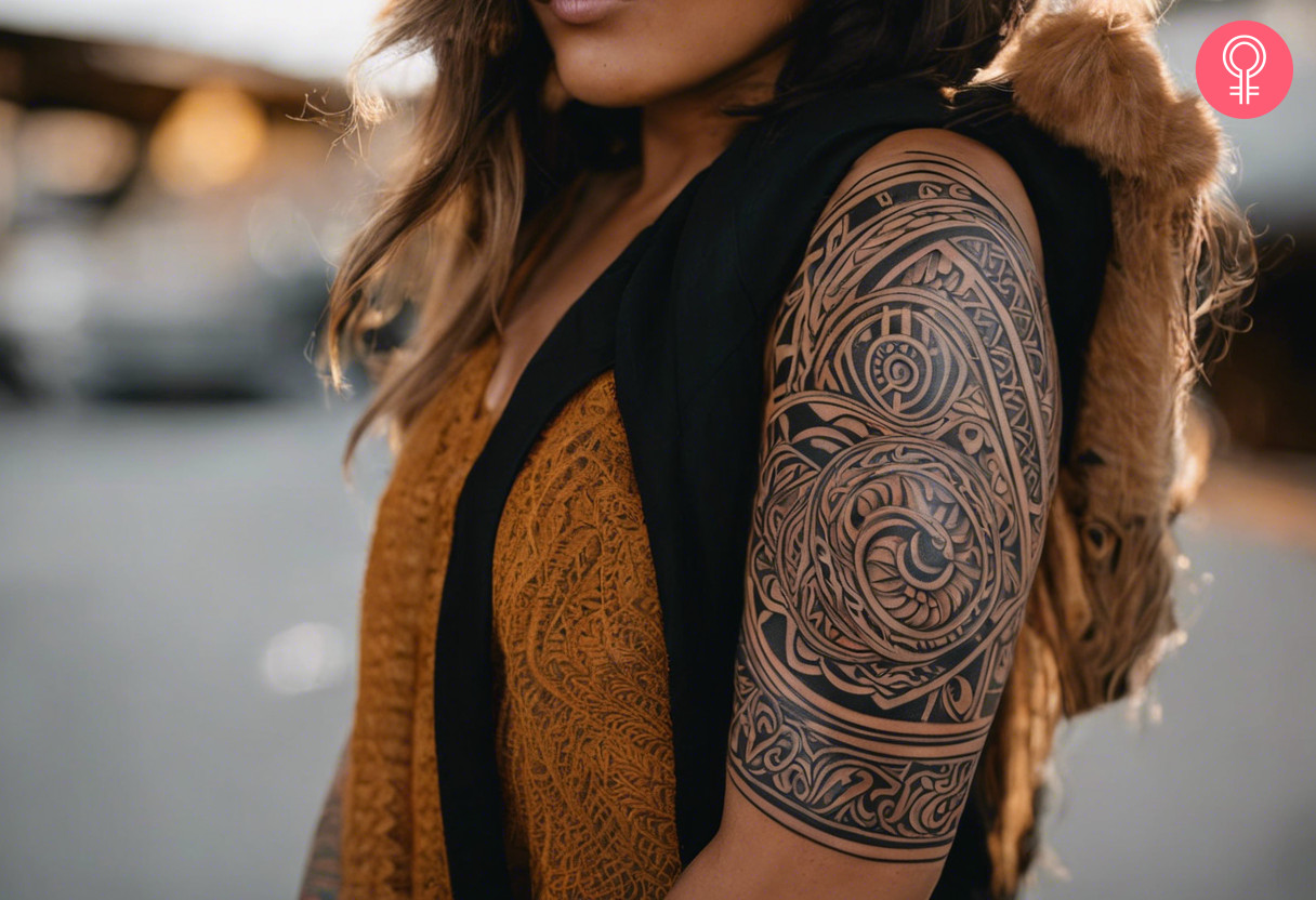 Maori tattoo pattern on the upper arm of a woman