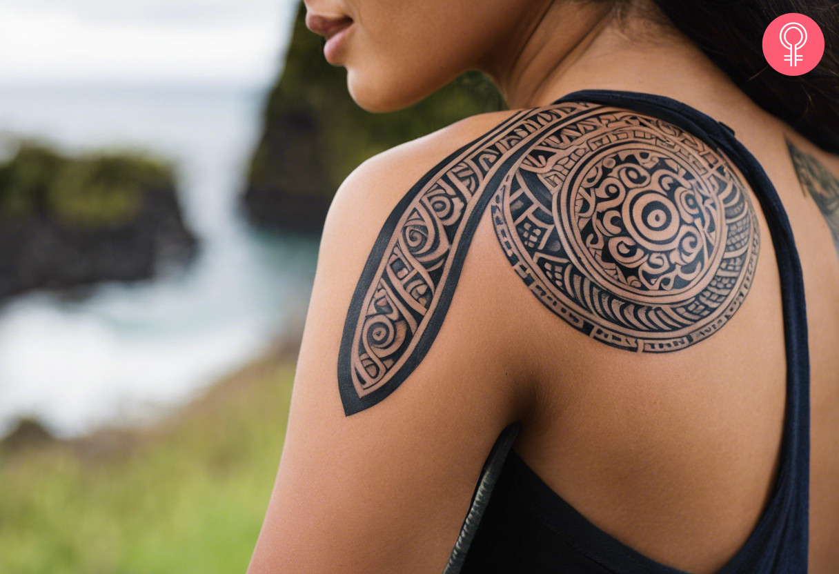 Maori tribal shoulder tattoo on a woman