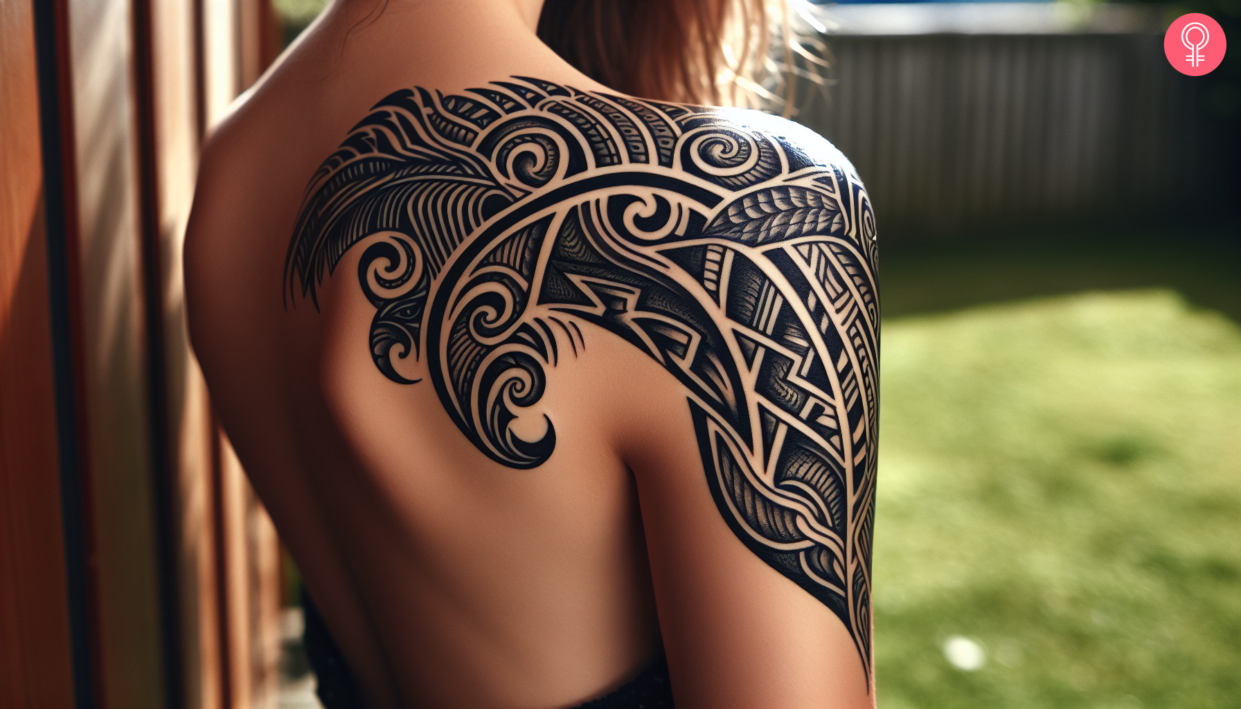 Maori tribal tattoo on the right shoulder of a woman