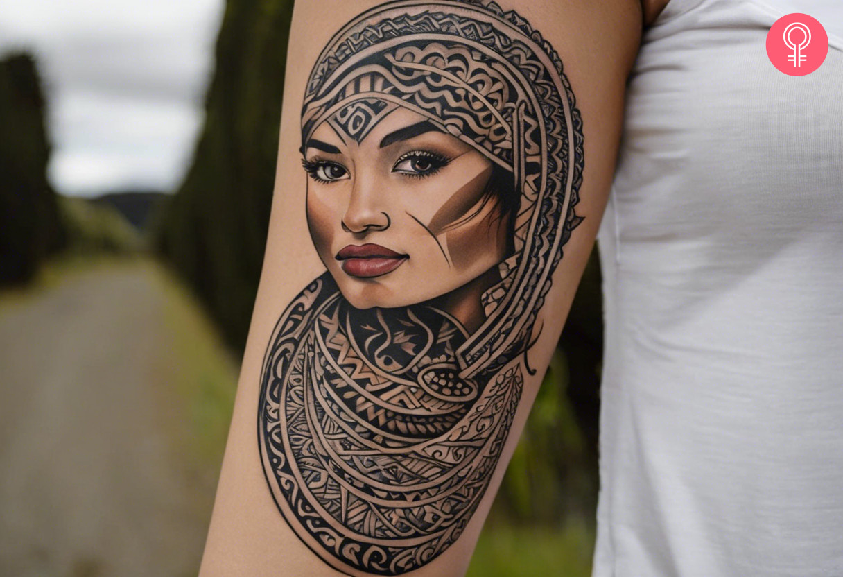 Maori women face tattoo on the upper arm