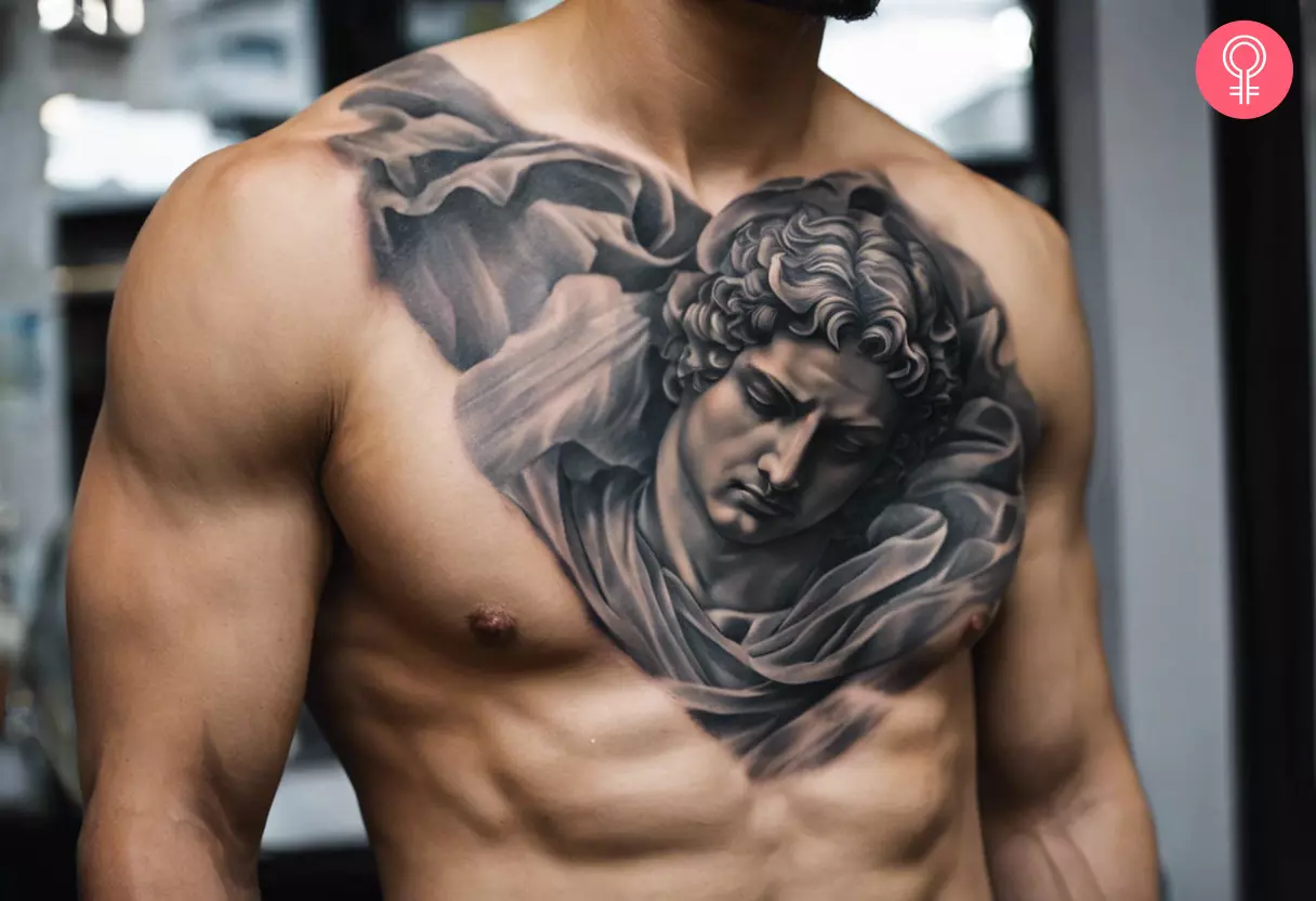 A man with a marble statue tattoo on the chest