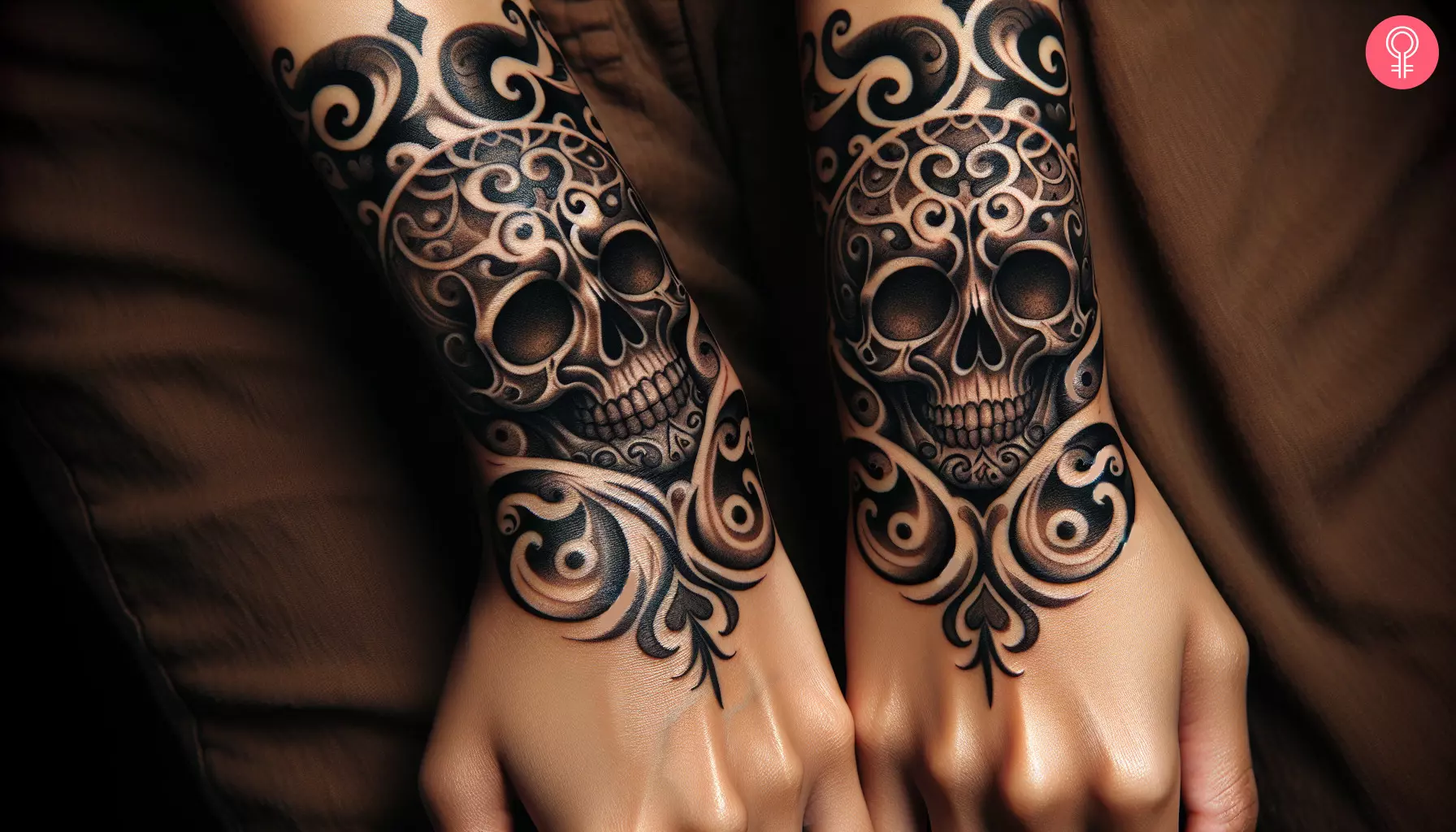 Matching skull tattoos on the hands