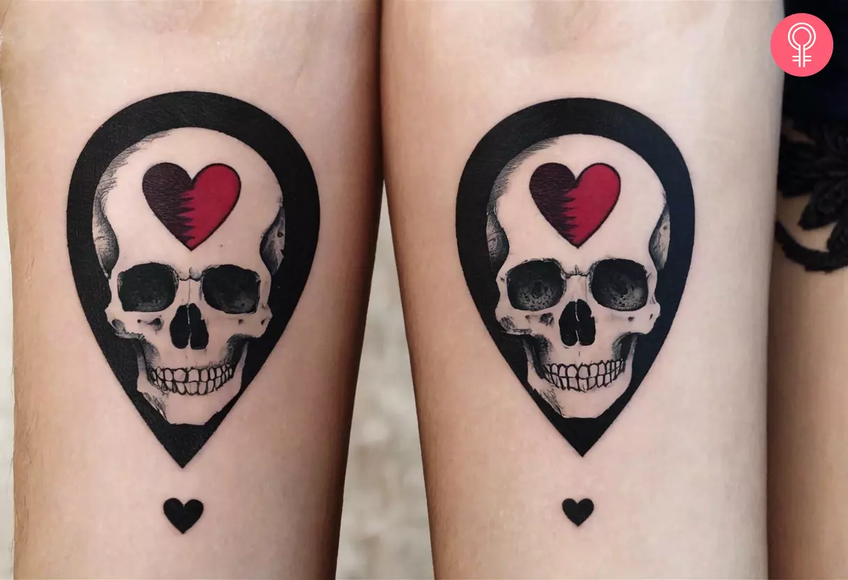 Matching skull with a heart tattoo inked on the forearm