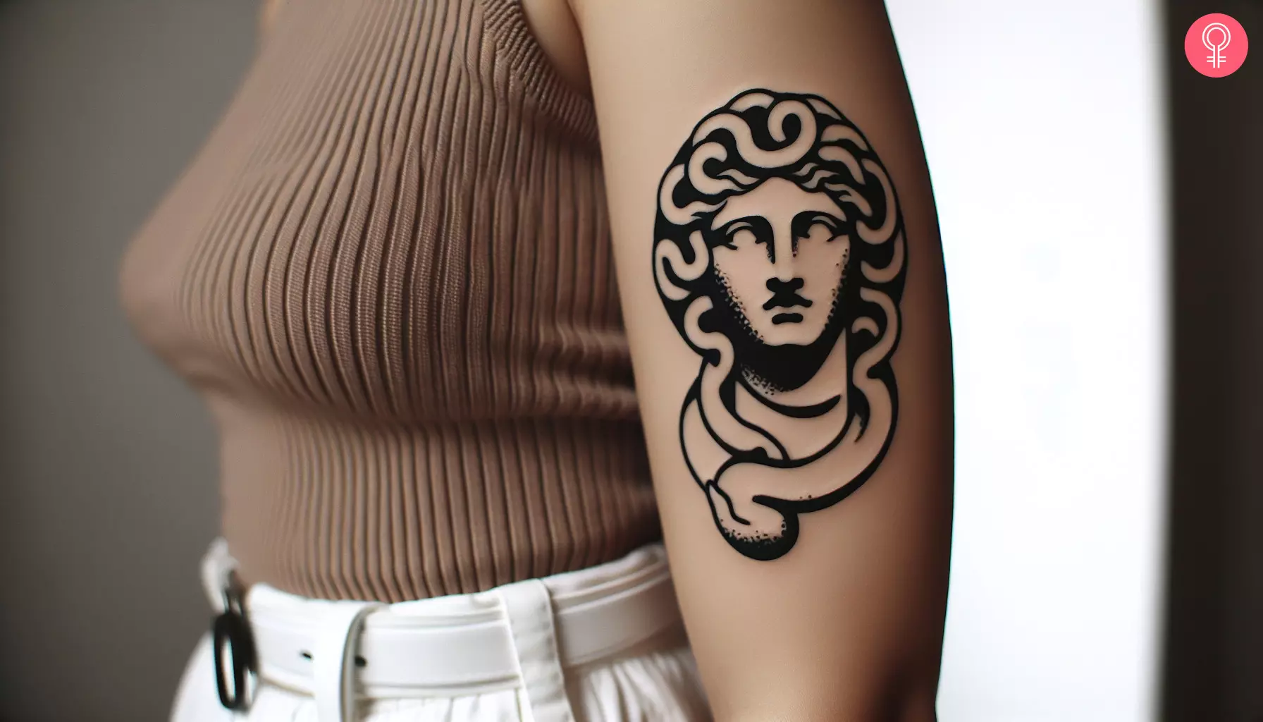 A woman with a Medusa statue tattoo on the upper arm.