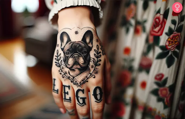 A French bulldog memorial name tattoo on the hand