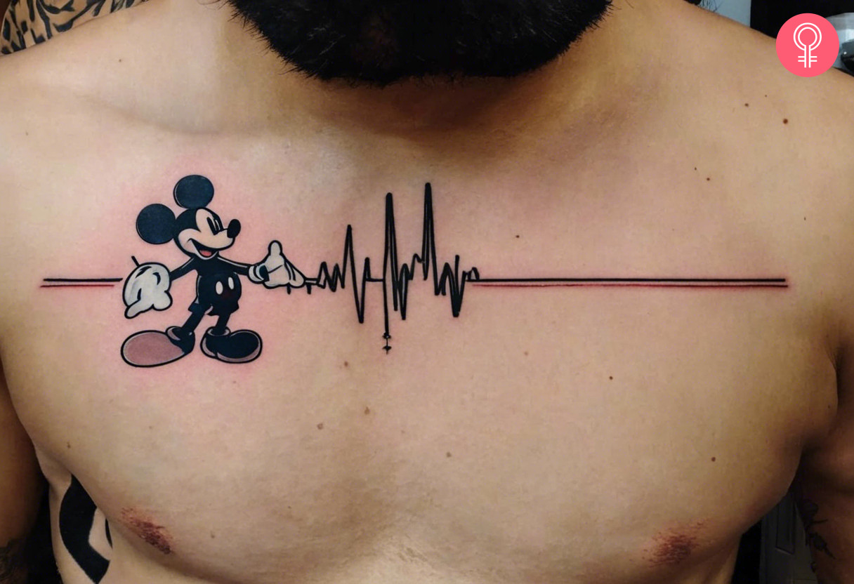 Mickey Mouse heartbeat tattoo on the chest