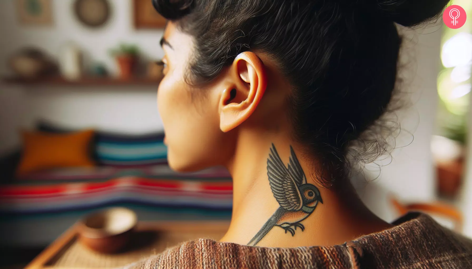 A micro realism bird tattoo near the nape