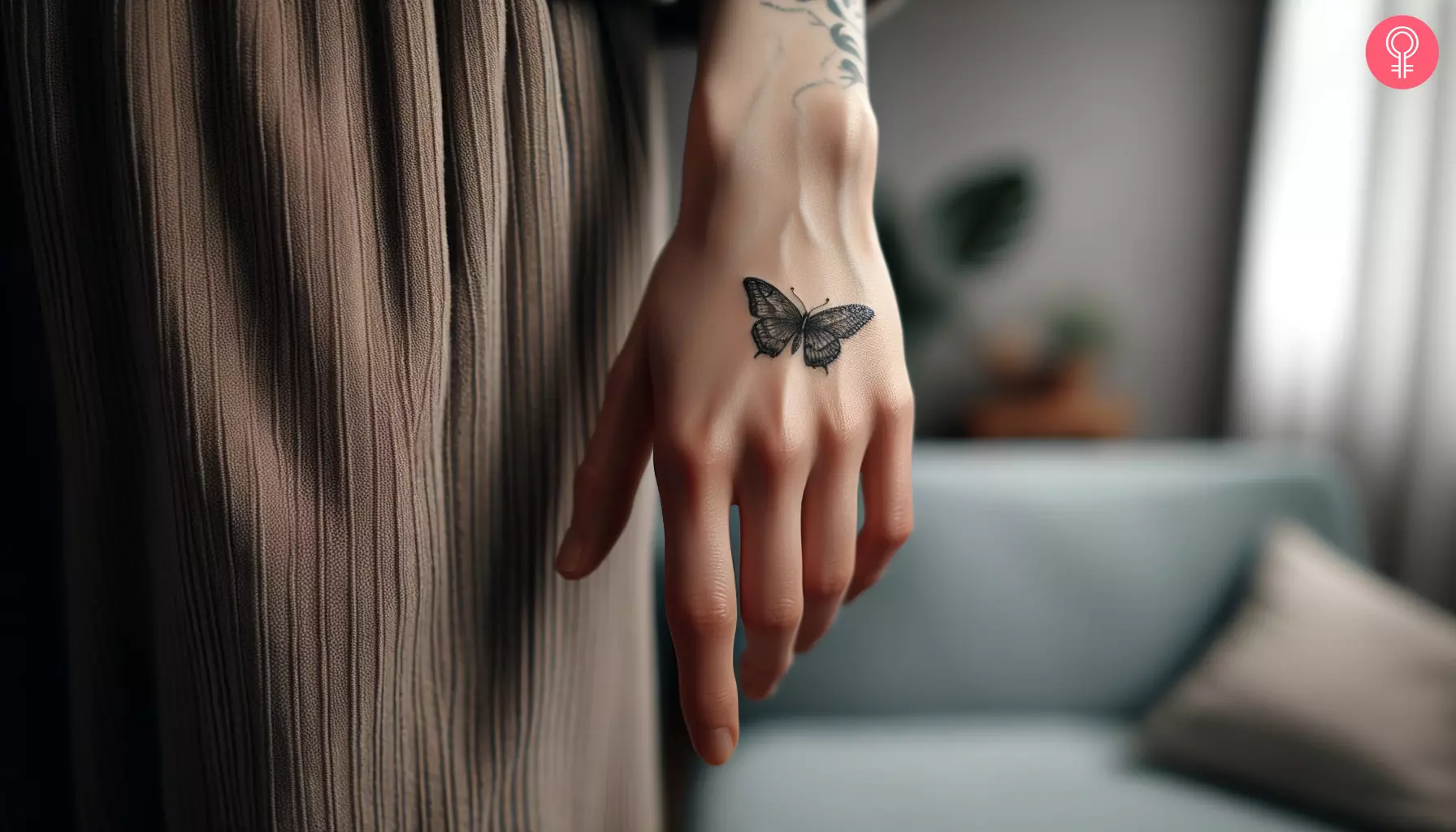 A micro realism hand tattoo of a butterfly