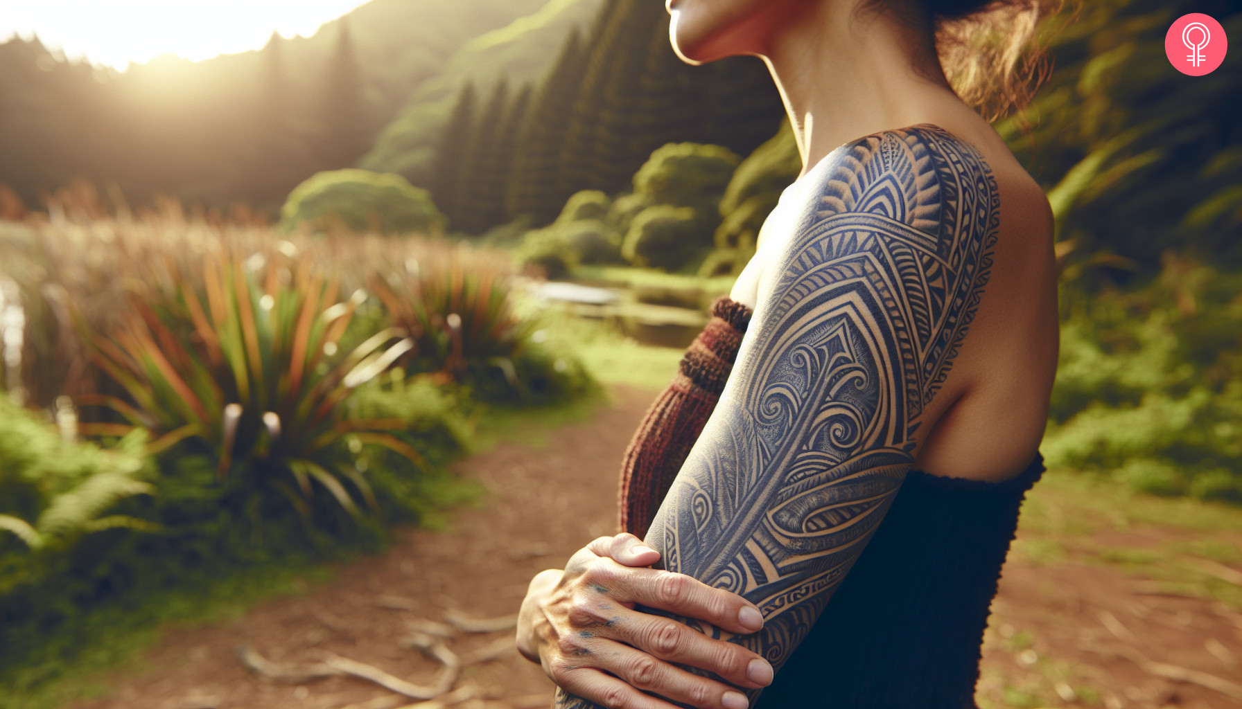 Mid-length maori tattoo design on the upper arm of a woman