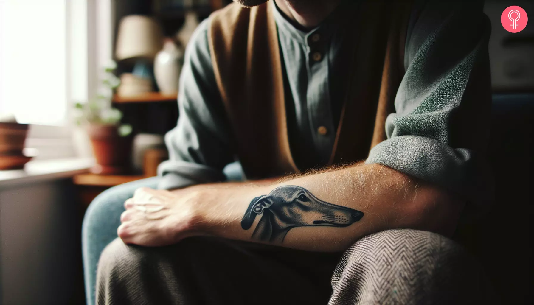 A minimalist greyhound tattoo on the lower arm of a man