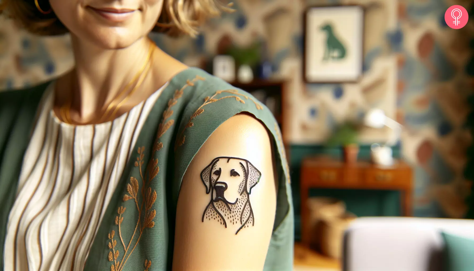 Woman with a minimalist Labrador tattoo on her shoulder