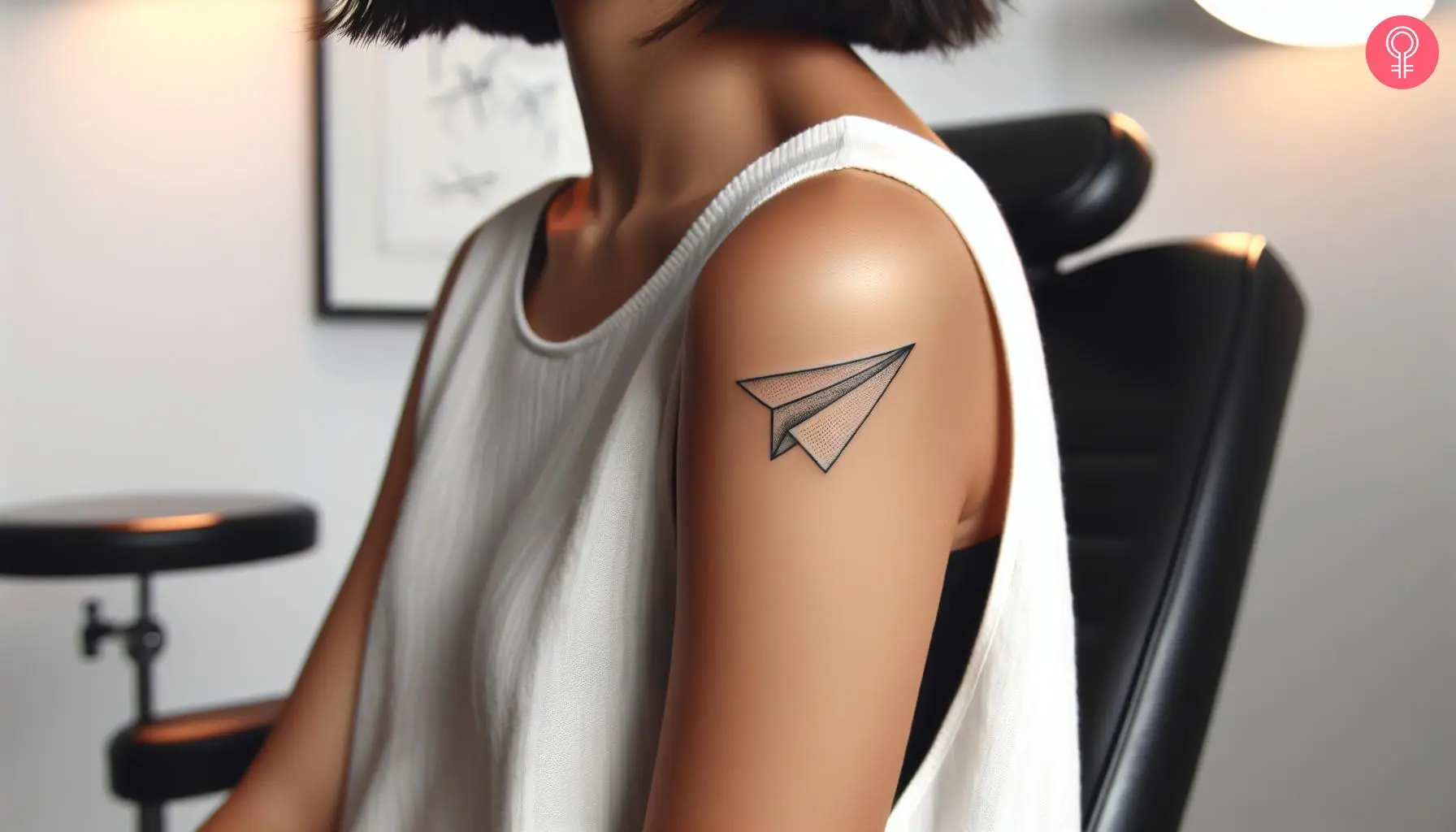 A minimalist paper airplane tattoo on a woman’s arm