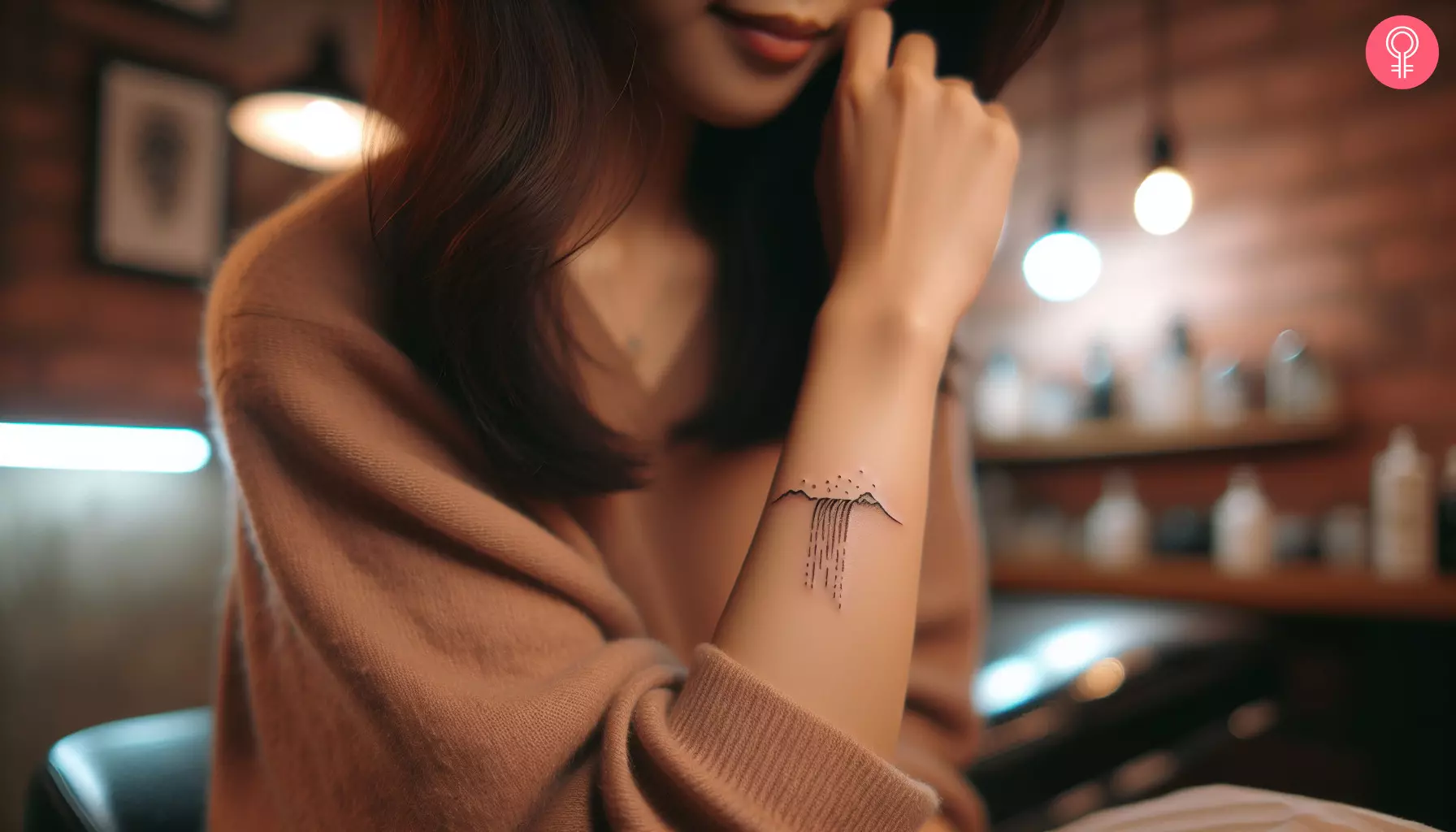 A minimalist simple waterfall tattoo on the forearm of a woman