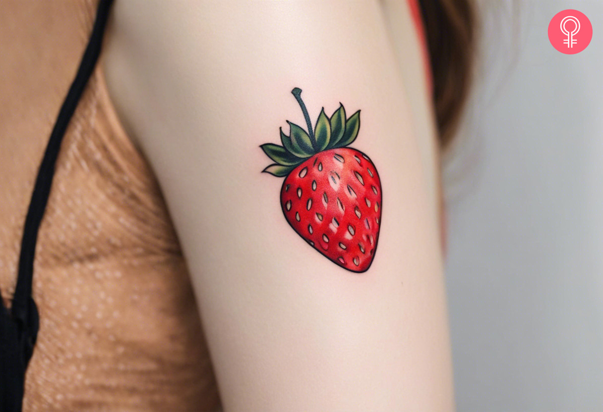 Minimalist strawberry tattoo on the upper arm