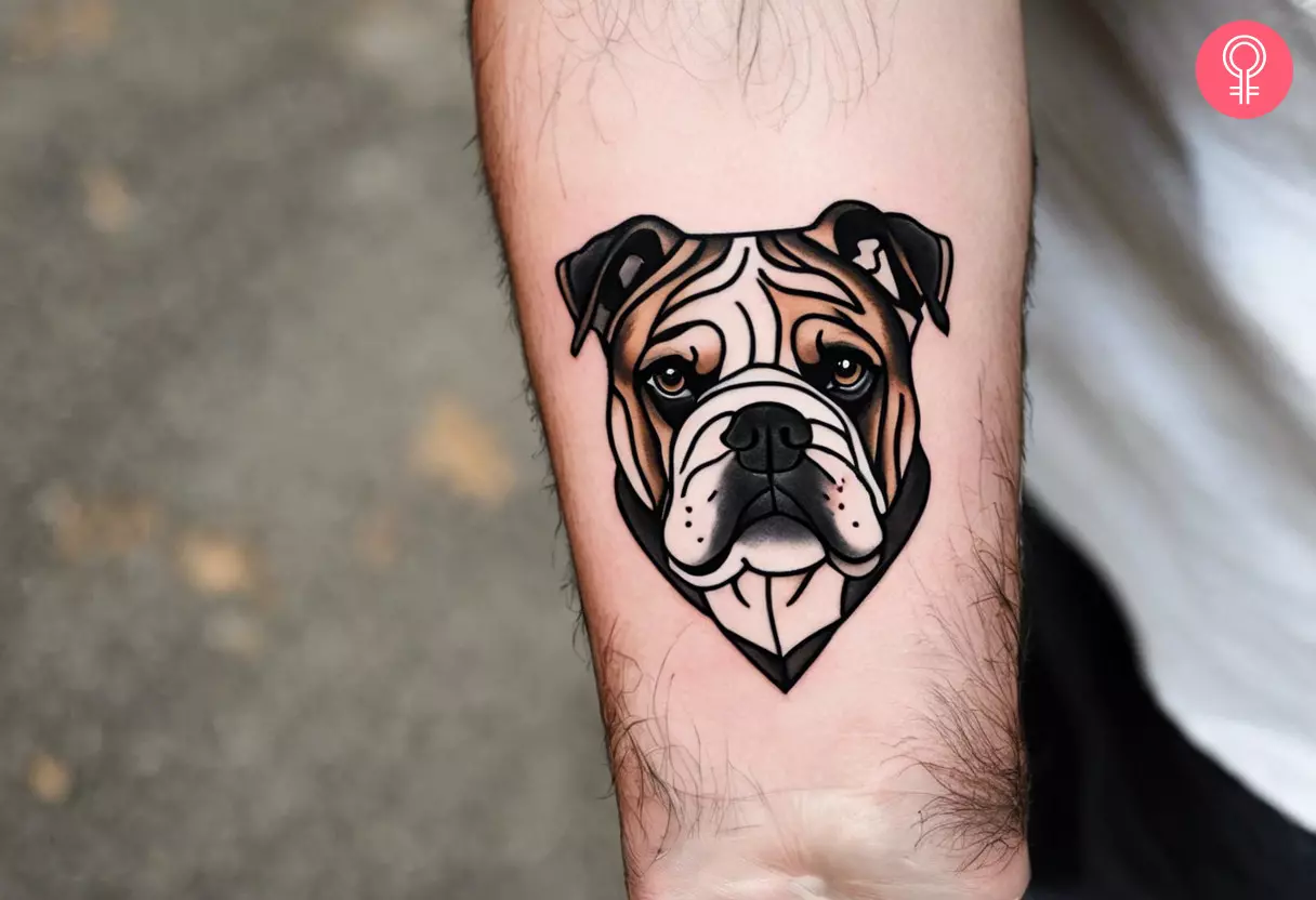 Minimalist bulldog tattoo on the forearm of a man