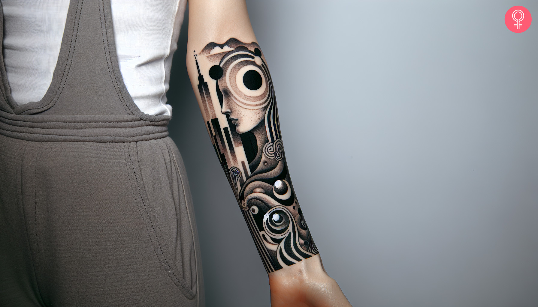 Woman with modern surrealism tattoo on her forearm