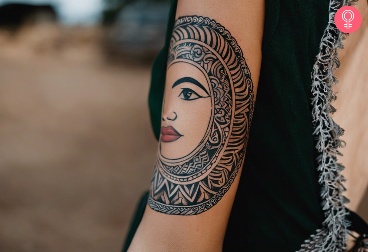 Modern maori tattoo on the forearm of a woman
