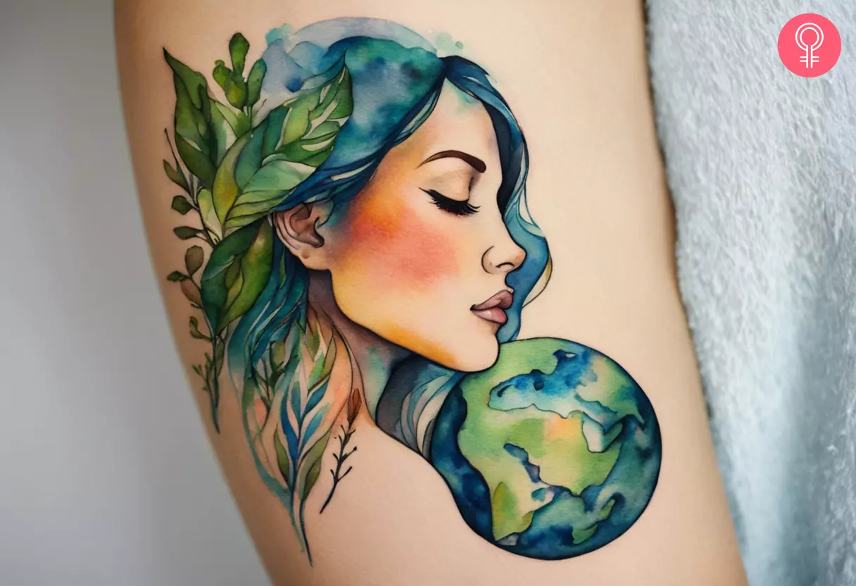 A Mother Earth nature tattoo on a woman’s arm