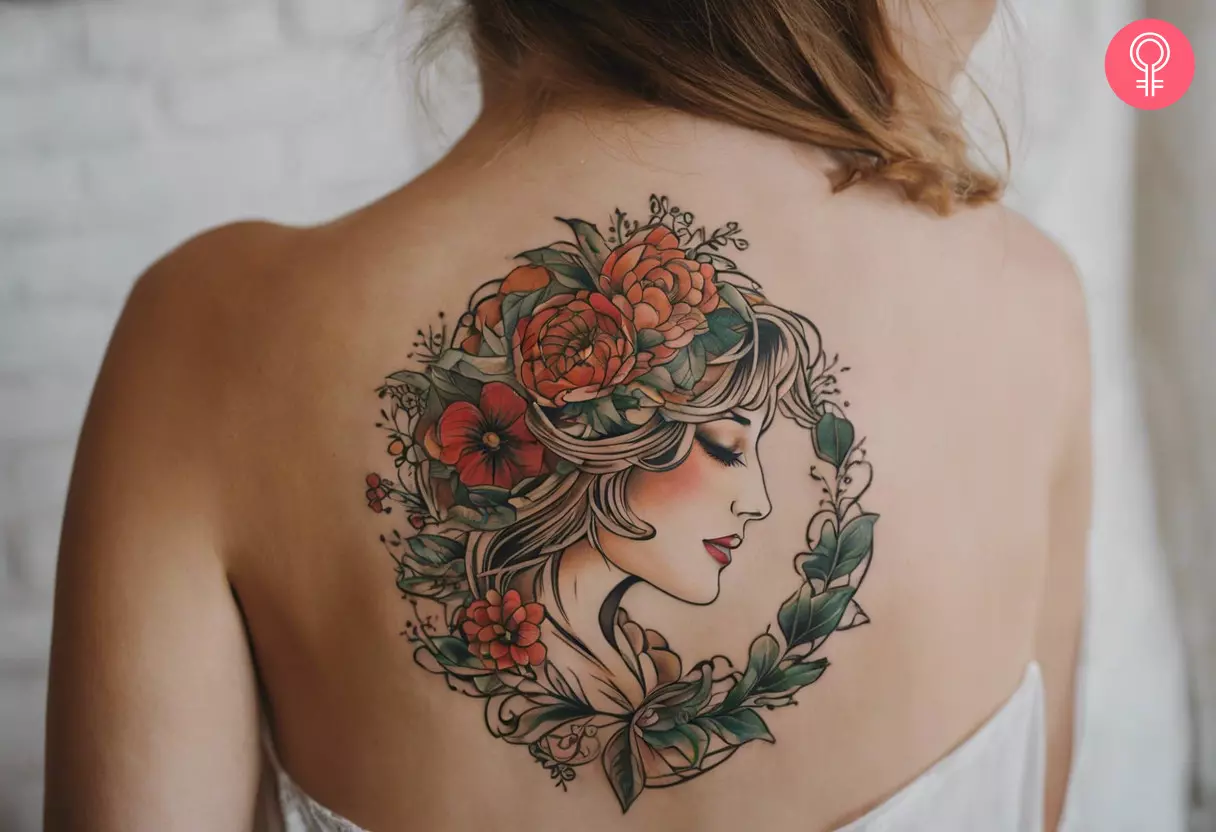Woman with a Mother Nature back tattoo