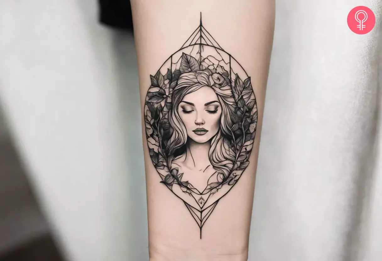 Woman with a Mother Nature tattoo on the forearm