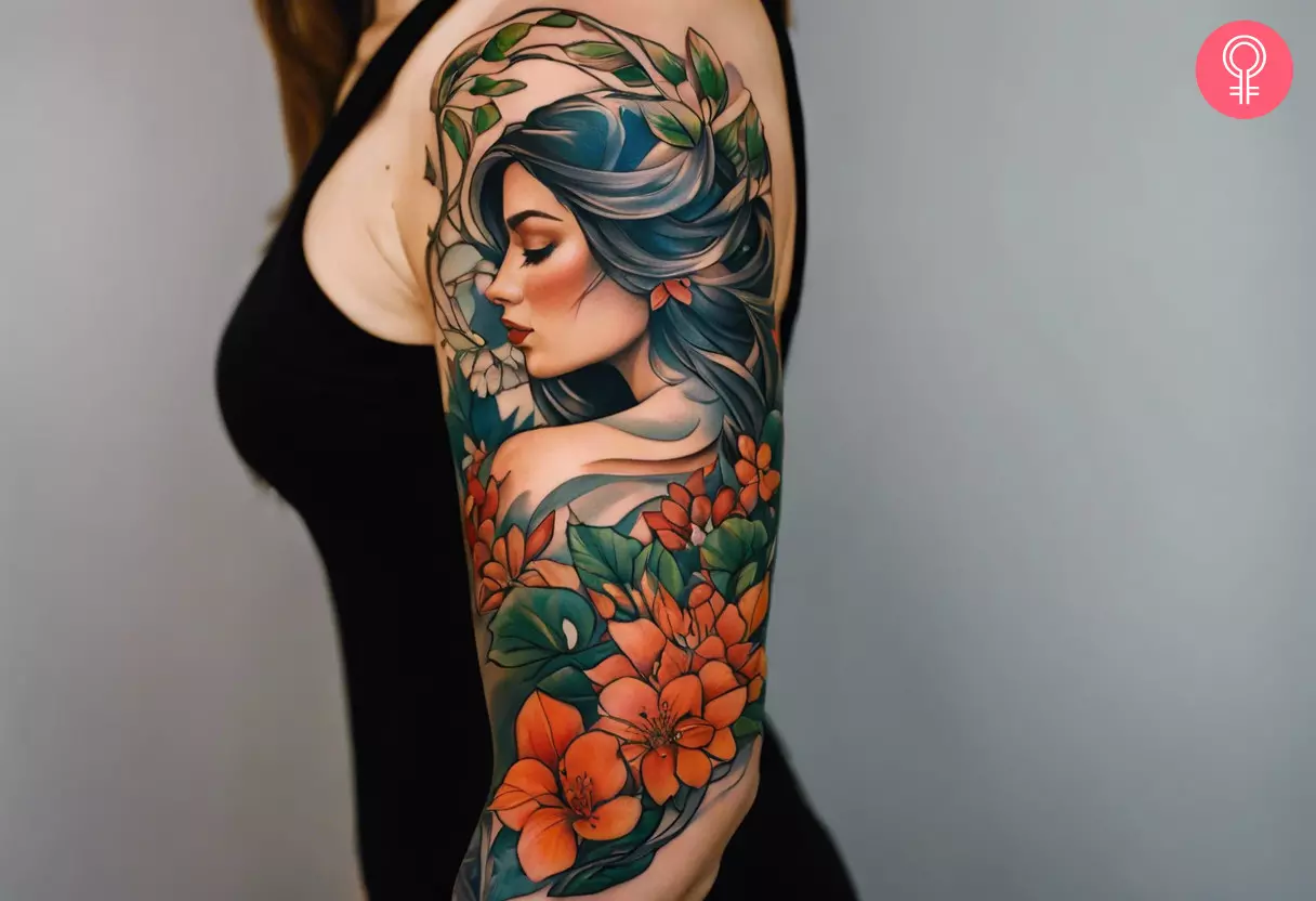 Woman with a Mother Nature tattoo sleeve on the arm