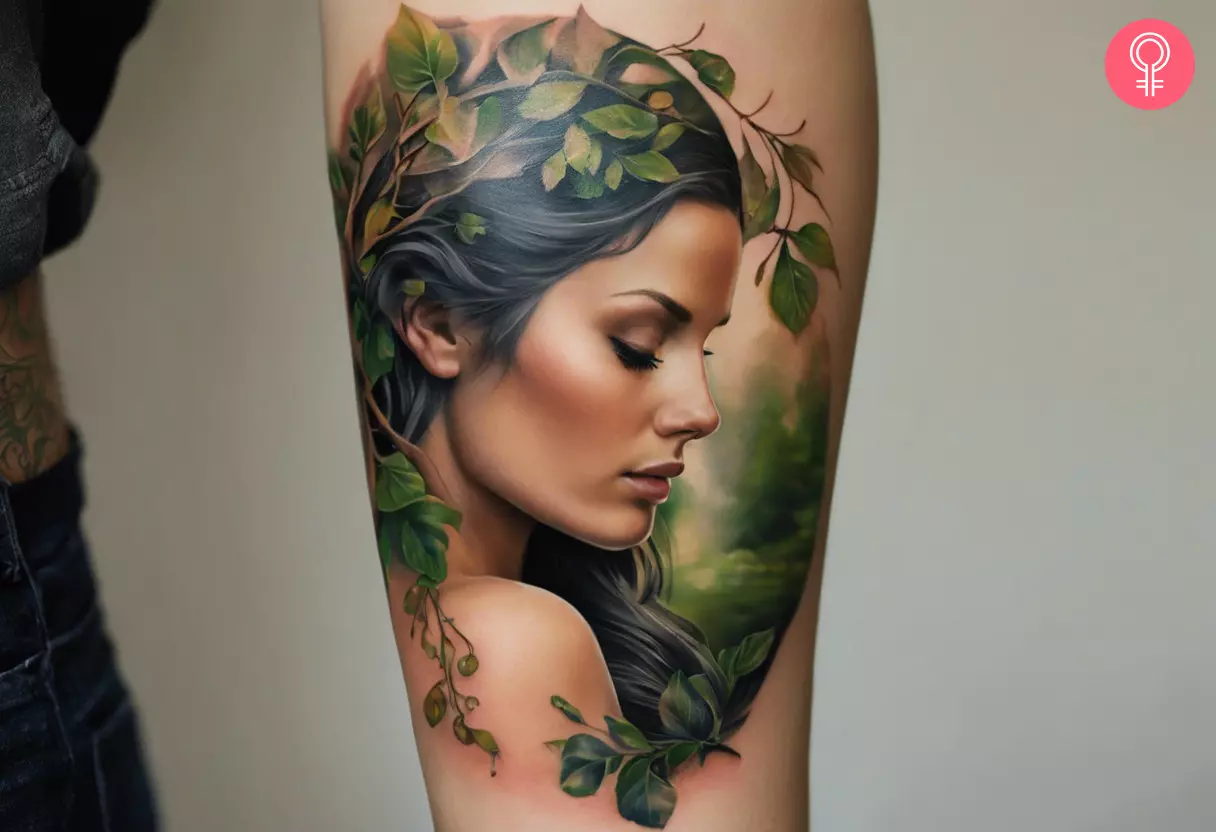Realistic mother nature tattoo on the arm