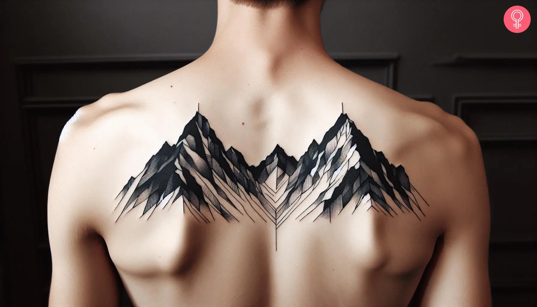 A man with a geometric mountain range tattooed on his back