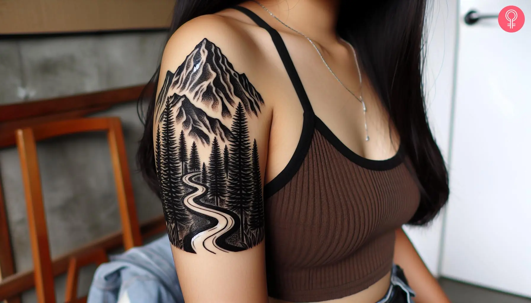 Woman with mountain road tattoo on her arm