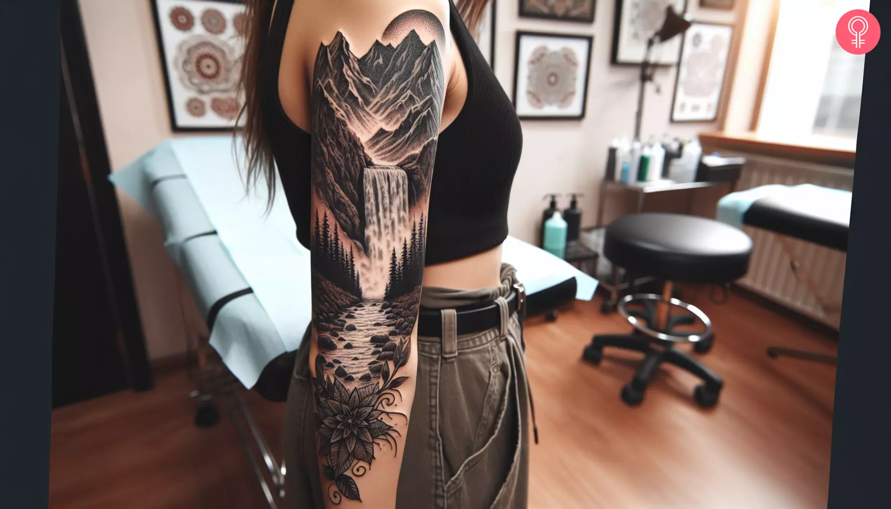 A mountain waterfall tattoo on the arm of a woman